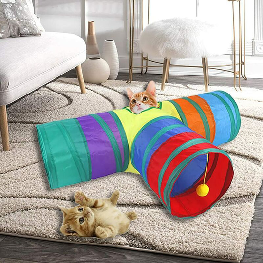 Interactive Cat Tunnel - Pet Toy - Play Tunnel for Cats, Kittens, Rabbits, Puppies - Collapsible (T-Style Rainbow)