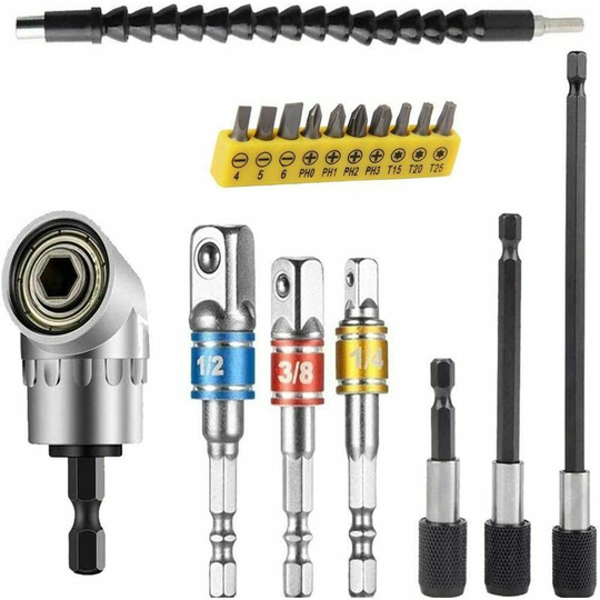 Qersta - piece flexible drill bit extension set, includes 105° right angle drill bit, bendable bit extension, 3 piece 1/4 3/8 1/2' universal socket