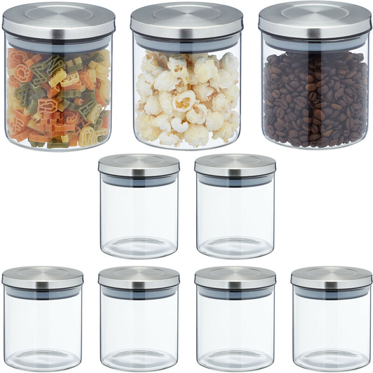 Storage Jars in Set of 9, 500ml Capacity, Steel Airtight Lids, Dry Food Storage, Glass, Transparent/Silver - Relaxdays