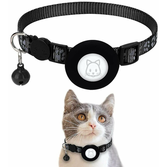 Perle Rare - Reflective Airtag Cat Collar Separator with gps Holder, Safety Buckle and Bell for Kitten Puppy,Black