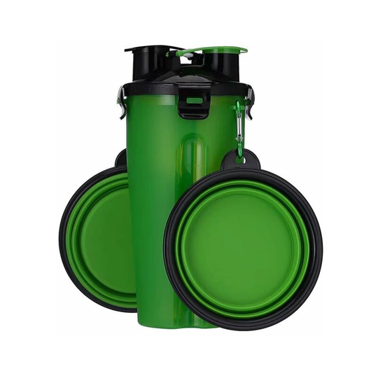 Dog water bottle, 2 in 1, portable, waterproof, for dogs, with 2 collapsible dog bowls, green Soekavia