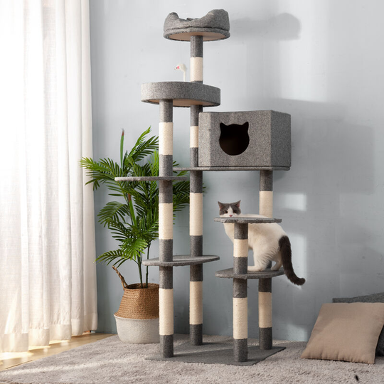 Kartokner - Cat Tree Scratcher Cave Scratcher, Multiple Platforms Kitten Activity Center with Cat Tree with Scratcher, Height 177cm, Gray&Beige