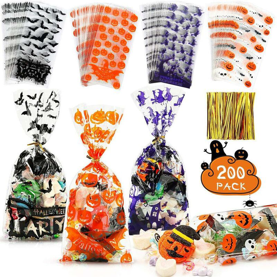 200 Pack Halloween Cellophane Treat Bags, Halloween Bats, Pumpkins and Witches Treat Bags with Twist Ties for Kids Halloween Party Favor