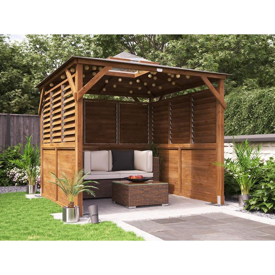 Wooden Gazebo with Sides Erin 2.5m x 2.5m - Half Height Solid Wall Half Louvre Garden Shelter Pressure Treated Hot Tub Pavilion with Roof Felt