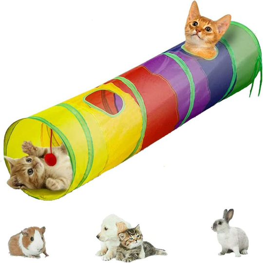 Interactive, foldable, lightweight 5-tunnel maze in crumpled fabric with pompoms and bells for cats, bunnies, kittens, puppies, ferrets or guinea