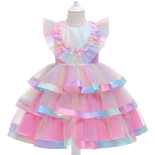 Thsinde - Kids Girl Dress Skirt Girls dress sequins small flying sleeves colorful multi-layer mesh tutu skirt costumes pink b