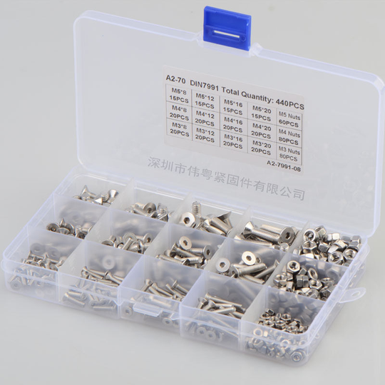 440PCS Kit M3 M4 M5 Stainless Steel Hex Socket Cable Bolts Bolts Lock Nut Assortment Kit with Storage Box