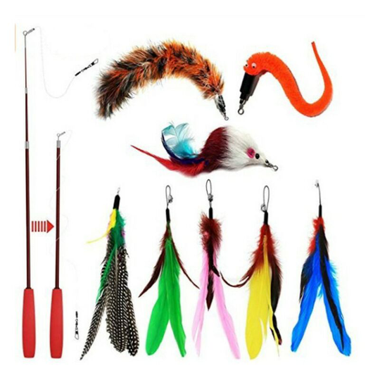 9PCS Feather Teaser Cat Toy, Retractable Interactive Cat Teaser Rods, Replacement Colorful Feather Refills with Bells, Feather Dangler Funny Exercise