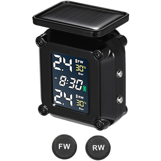 Lifcausal - Tire Pressure Monitoring System Solar Charging Waterproof Motorcycle Tyre Alarm with Large Color lcd Screen 2 External Sensors Black