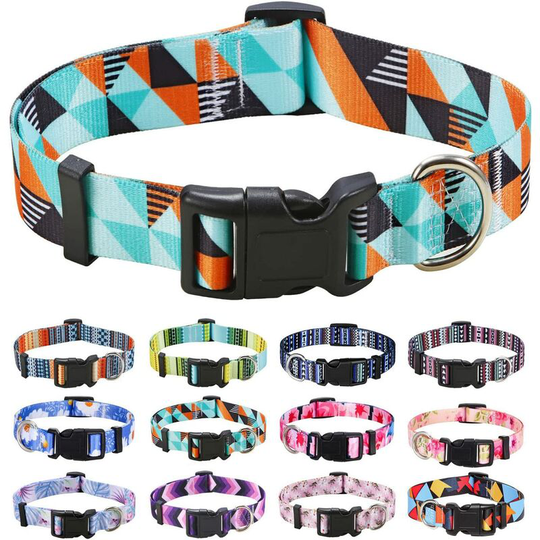 Dog Collar, Trendy Pattern with Quick Release Buckle, Bohemian, Flower, Geometric, Tribal Design, Classic Collar(Geometry,S)