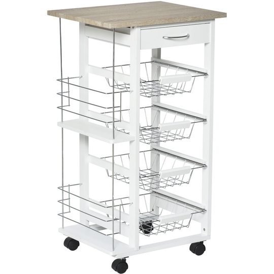 Multi-Use Kitchen Island Trolley Baskets Racks Drawer Worktop Natural - Natural and White - Homcom
