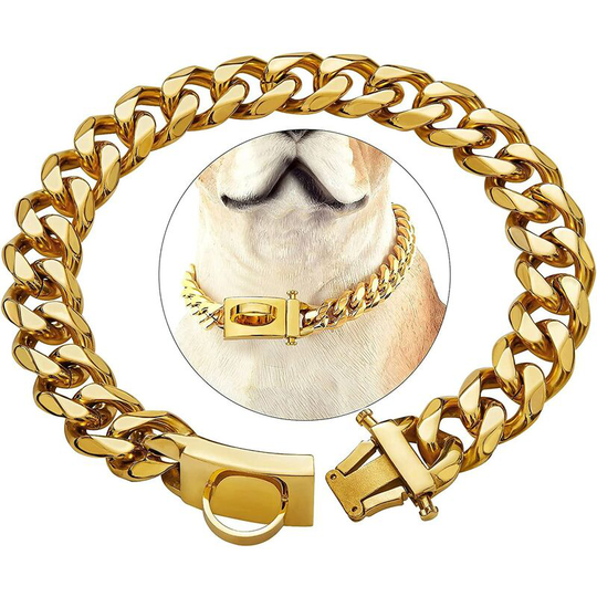 Naxunnn - Gold Dog Collar with Secure Design Buckle, Chew Resistant, Heavy Duty Stainless Steel Chain Drive Collar (Gold, 18'')