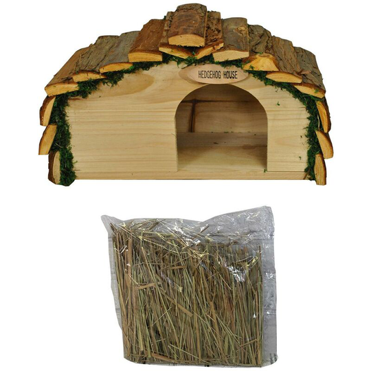Selections - Wooden Hedgehog House Hogitat With Bark Roof and Straw