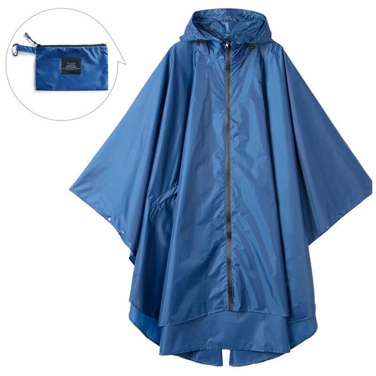 Litzee - Rain Poncho Jacket Coat For Adults Hooded Waterproof With Zipper Outdoor (Royal blue)(Size:L)