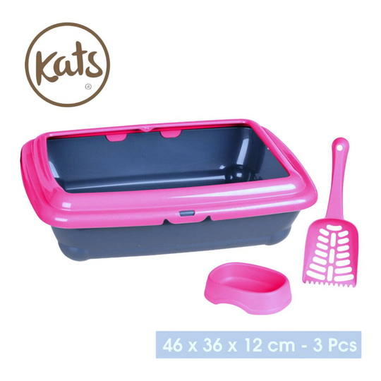 (Pink) Cat Litter Tray With Scoop And Feeding Bowl Large Cats & Kittens With Rim 2 Tone
