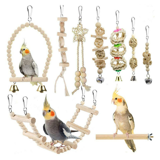 Cockatiel Parakeet Toy Set includes 9 natural wooden parakeet cages, bird perches, swing, hanging bell and chew toy for little parakeets
