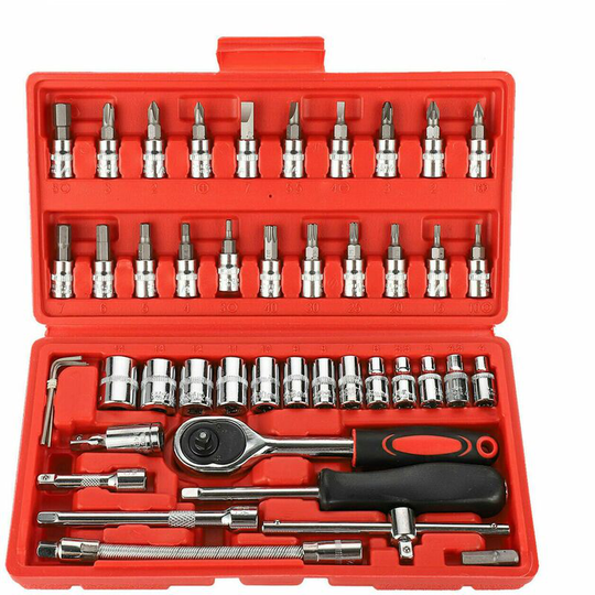 46Pcs Ratchet Wrench Socket Tools Set Metric 1/4'' Drive Screwdriver with Box,Red