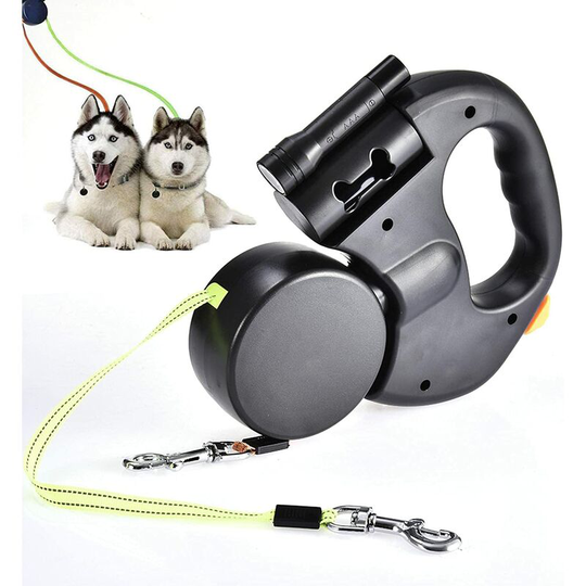 Groofoo - 360° Retractable Leash No T-Angle - 3m Heavy Duty Double Retractable Leash with led Light and Bin, Suitable for Walking 2 Dogs