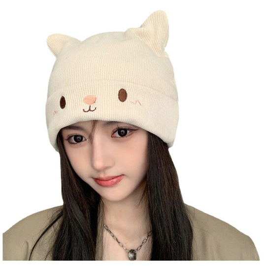 Cute cat ear eared headgear hat Autumn and winter new pile pile hat Knitted hat Women's pullover cold hat (white)