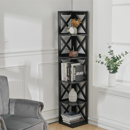 5 Tier Modern Wood Corner Standing Shelf for Living Room, Black - Livingandhome