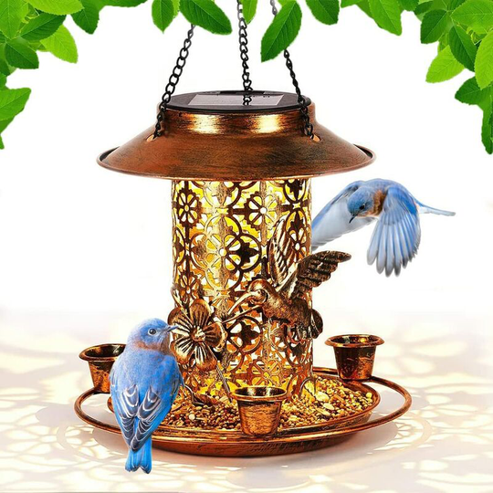 Hanging Bird Feeder, Solar Bird Feeders Support Station for Garden Metal Hummingbird Feeder with 3 Cups