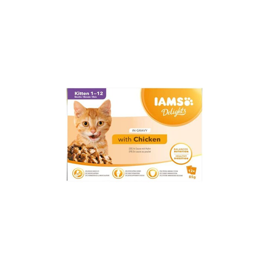 (Kitten) IAMS Delights Wet Food for Kittens in Gravy, 12 x 85 g 1-12 Months with Chicken Sea Collection with Meat and Fish in Gravy, 12 x 85g