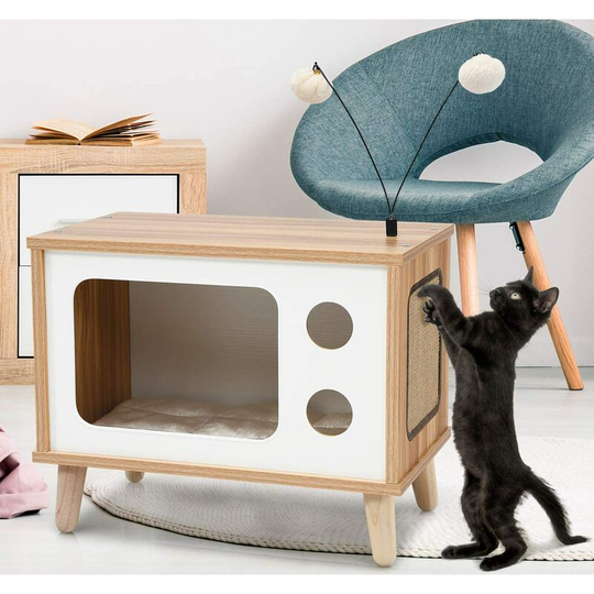 Costway - Wooden Cat House, TV-Shaped Cats Condo with Scratching Board, Removable Cushion & Toy Balls, Indoor Kitten Sleeping Nesting Bed