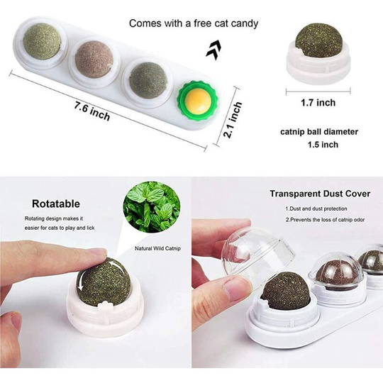 Catnip Ball Toy, Natural Rotating Catnip Ball Toys Wall Mounted Cat Treats Licks Molar Teether Toy with Solid Candy Ball