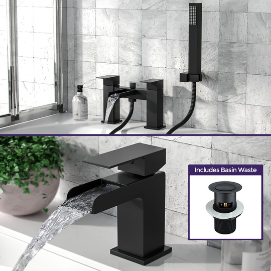 Neshome - Ozone Matte Black Modern Set Of Waterfall Basin Sink Mono Tap & Bath Shower Mixer With Handset Kit + Free Waste