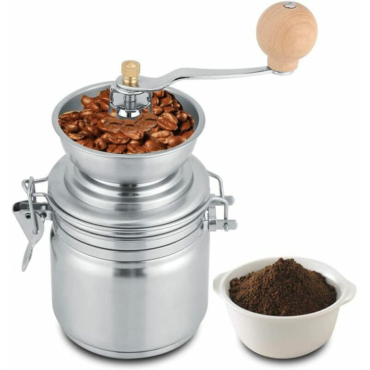 Monly - Stainless Steel Manual Coffee Grinder, Hand Tool for Grinders, for Coffee Beans, Spices, Nuts, Seeds, Herbs, Pumpkin Seeds, etc. (Silver)