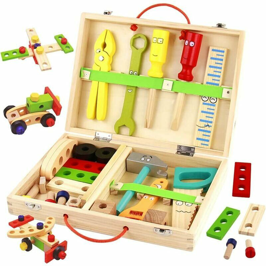 Children's Toy 2 3 4 Years Old, 34 Pieces Wooden Toys - Children's Tool Box DIY 3D Construction Games, Children's Tool Box, Montessori Games 2 3 4