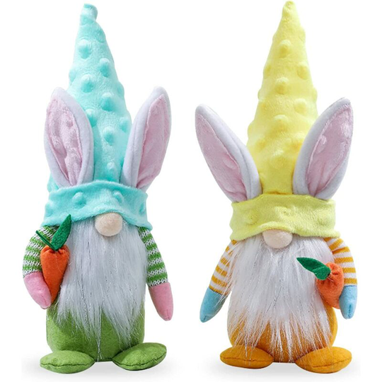 Litzee - Easter Gnome Rabbit Ears Dolls Set, Blue and Yellow Plush Dwarfs Dolls Handmade Easter Swedish Gnome Gifts, for Children Easter Festive