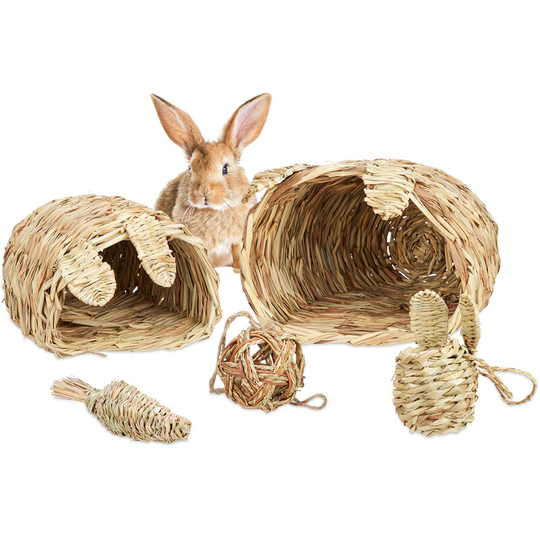 Relaxdays - rabbit toy, set of 5 pieces, feeding stand & treat box, teeth grinding, guinea pig feeding stand, natural wood