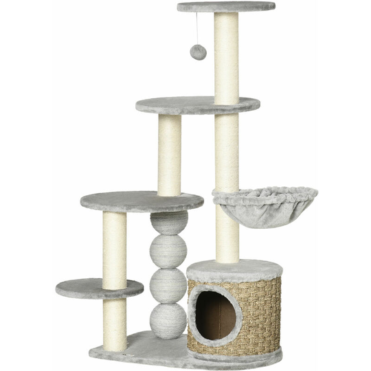 Multi Level Cat Tree w/ Scratching Post, Cat House and Bed - Light Grey - Light Grey - Pawhut