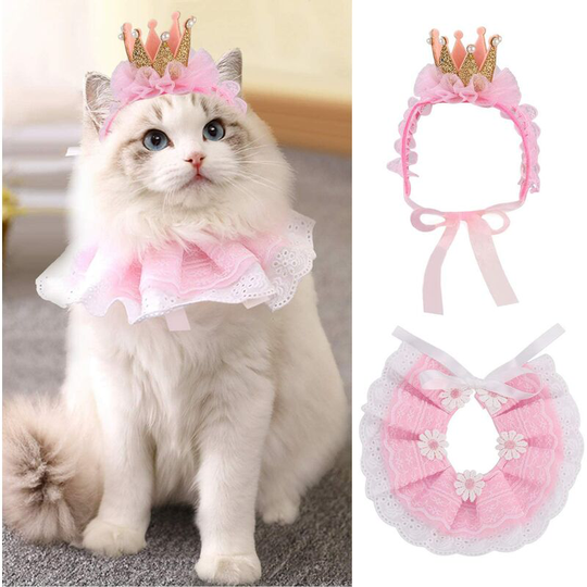 Litzee - Cat Bandana for Cats, Princess Cat Costumes for Cats, Cute Lace Dog Bandanas and Cat Crown Accessories for Cats Small Dogs, Pink Outfit for