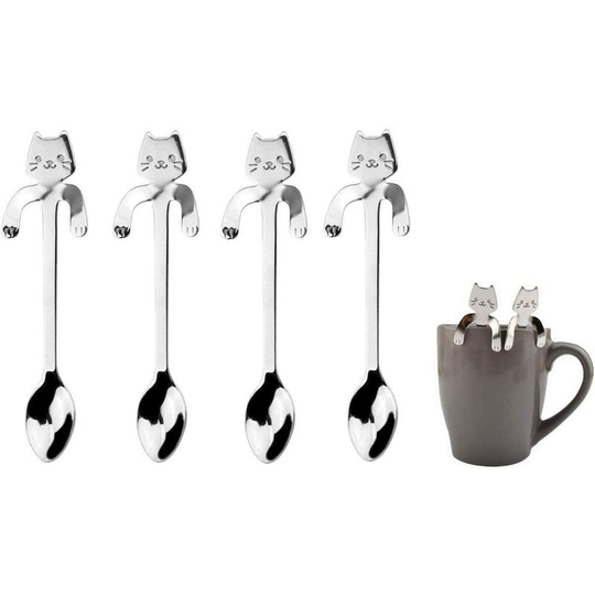 4 Pcs Cat Coffee Spoon Set, Stainless Steel Kitten Hanging Design Teaspoon Dessert Spoon for Water Tea Milk Coffee Dessert Drink Mixing Milkshake,