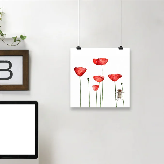 Poppies Flowers Mouse - Unframed Painting Print on Paper