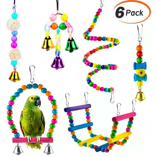 Set of 6 Parrot Bird Toys, Hanging Toys with Bell, Chew, Swings, Ladders, Animal Decoration Cages for Birds, Parakeets, Lovebirds, Macaws.