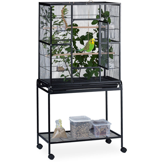 Relaxdays - Aviary with Shelf Stand, Castors, Birdcage for Budgies and Canaries, hwd 160x78x46cm, Black
