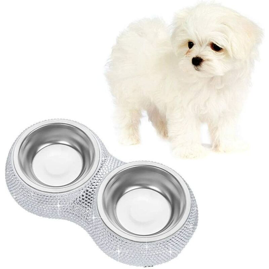 Crystallized Cat Double Pet Feeder Pet Food Dog Bowl Cream Color Size