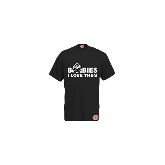 (Black, Medium) Boobies, I Love Them! Mens Unisex Funny T-Shirt. Retro Tee
