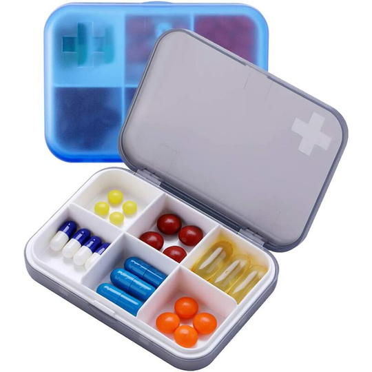 Aougo - 2PCS Portable Travel Pill Organizer Case for Pocket or Purse Cute Small Daily High Quality Pill Box Blue+Gray (6 Compartments)
