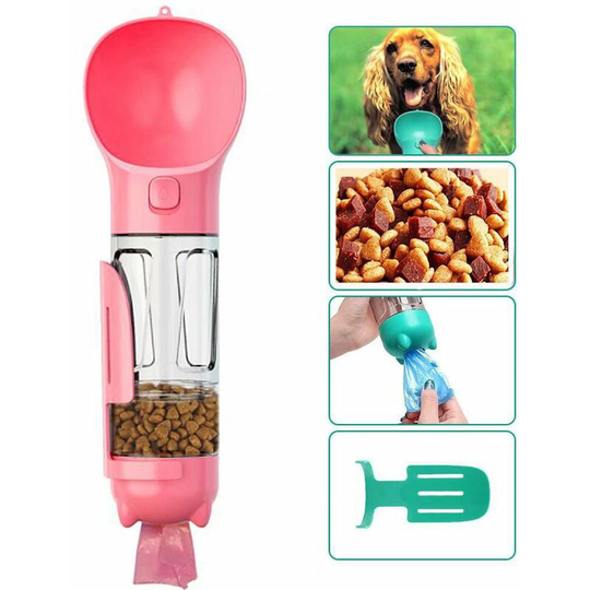 Bottle of water for dog to walk, 300 ml pet-drinking cup with shitty bag, shovel, dog food, cats, pink