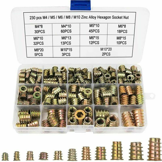 M4 M5 M6 M8 M10 Hex Nuts with Threaded Inserts, Zinc Alloy Hex Threaded Insert Nuts Inserts,(230PCS)
