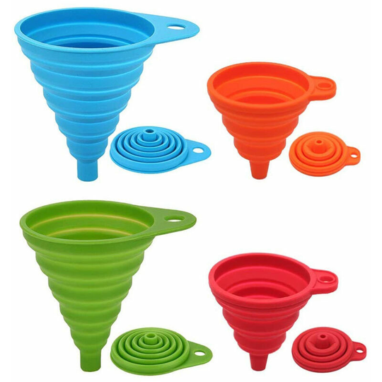 Monly - Funnel Set Collapsible Funnel Set of 4 Silicone Funnels for Kitchen Water Bottles, Liquids and Powders, Food Safe 4 Colors (2 Large + 2 Small)