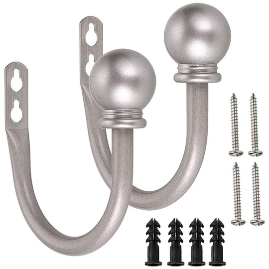 Round End Curtain Ends, Decorative Wall Mounted Curtain Hooks, Drapery Ball End Hooks, 2-Pack, Brushed Nickel U-Hook