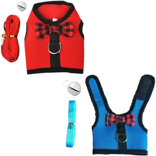 Modou - 2 Sets Breathable Mesh Net Harness with Bell for Small Animals Rabbits Guinea Pigs Cats (m: Chest: 30-34cm/11.81-13.28', 1 Red, 1 Blue)