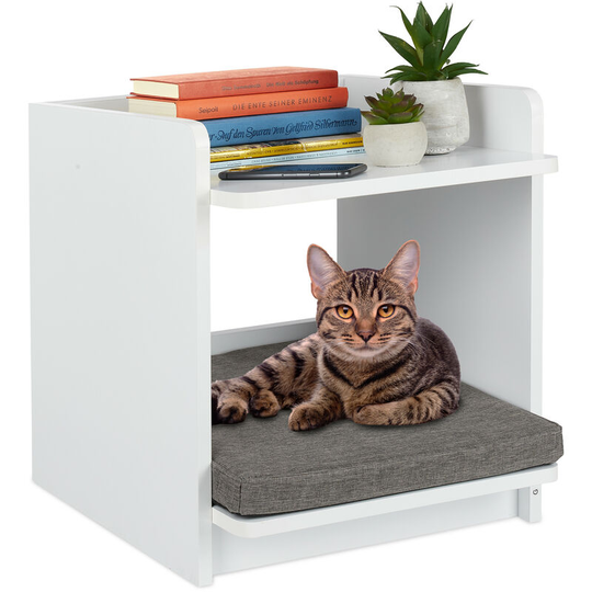 Side or End Table with Pet Bed, Cats & Small Dogs, HxWxD: 45 x 40 x 44.5 cm, Companion Shelter Cushion, White - Relaxdays