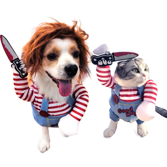 Pet Deadly Doll Dog Costume, Pet Supplies Cosplay Costumes Halloween Dog Clothes, Halloween cos Dog Cat Funny Pet Stripes Overalls with Knife Pet