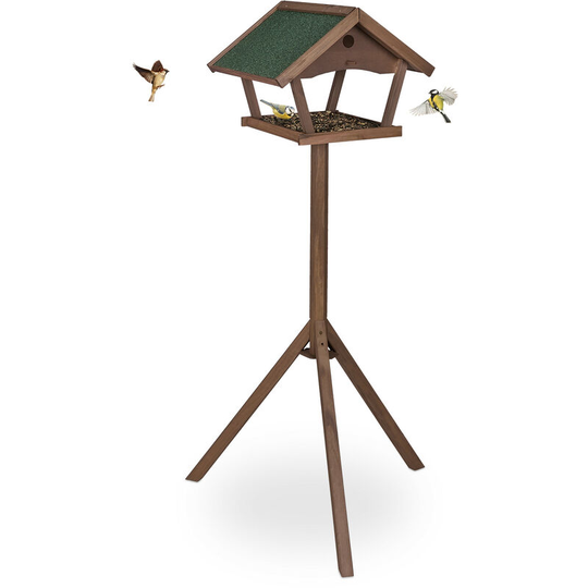 Free-Standing Bird Table, Birdhouse Feeder, HxWxD: 139 x 70 x 60 cm, Weatherproof Roof, Wood, Brown/Green - Relaxdays